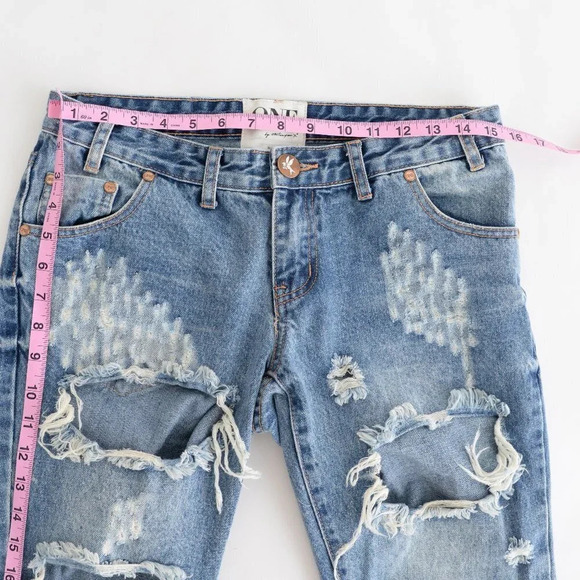 One Tea Spoon Blue "Trashed Free Birds" Extreme Distressed Straight Tapered 27 - Picture 6 of 15